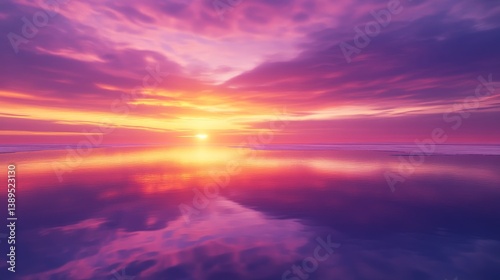 Obraz na płótnie A breathtaking sunset unveils a spectrum of purple and orange hues reflecting on calm waters. Natural beauty captivates the mind and soul. Generative AI w salonie