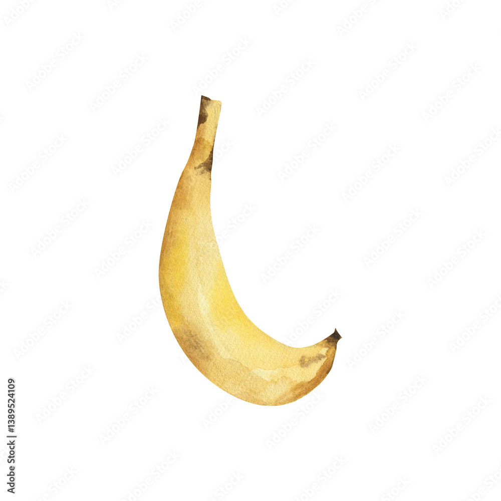 Single Yellow Banana, Watercolor Fruit Clipart, Hand Painted Botanical Illustration for Exotic, Fresh and Natural Design Single Yellow Banana, Watercolor Fruit Clipart, Hand Painted Botanical Illustration for Exotic, Fresh and Natural Design
