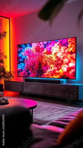 Obraz na płótnie A vibrant living room scene showcasing a modern TV displaying colorful coral visuals. The room is illuminated with soft ambient lights, creating a cozy atmosphere. Generative AI w salonie