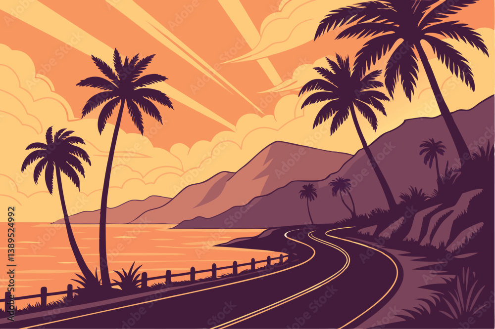 Obraz premium 103 Tropical sunset, coastal road, palm trees, vibrant sky, orange and purple hues, reflective asphalt, curving highway, silhouetted mountains, sun rays, tranquil ocean, scenic landscape, digital art