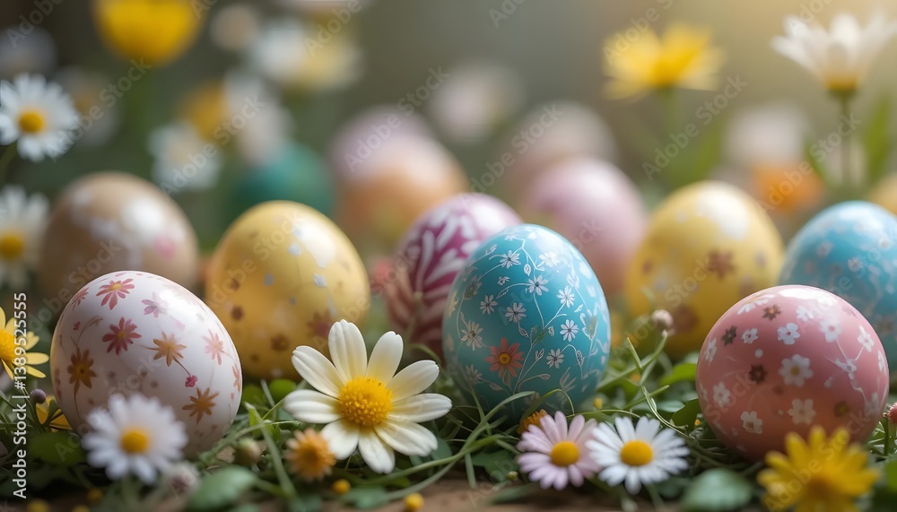 Delightful Easter eggs nestled in a spring meadow, adorned with delicate floral patterns, bathed in soft sunlight. Delightful Easter eggs nestled in a spring meadow, adorned with delicate floral patterns, bathed in soft sunlight.