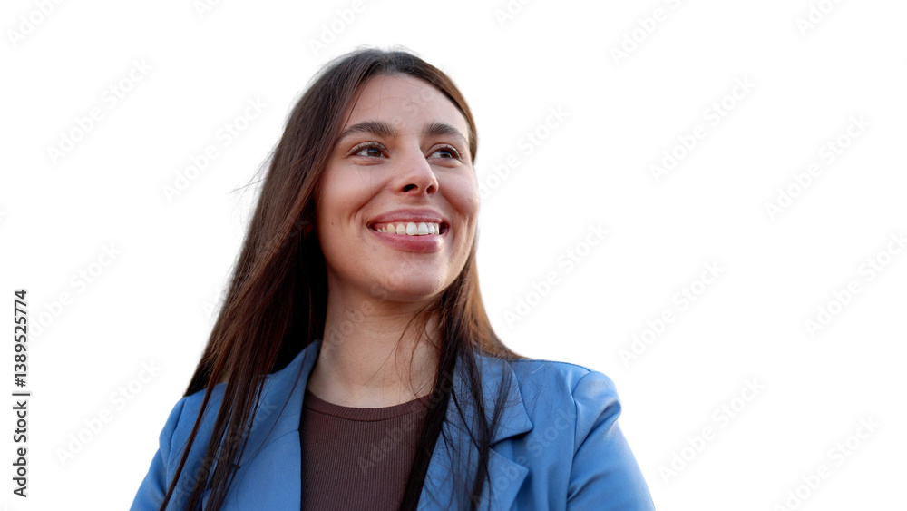 Portrait of a young cheerful businesswoman looking up, isolated on transparent background Portrait of a young cheerful businesswoman looking up, isolated on transparent background