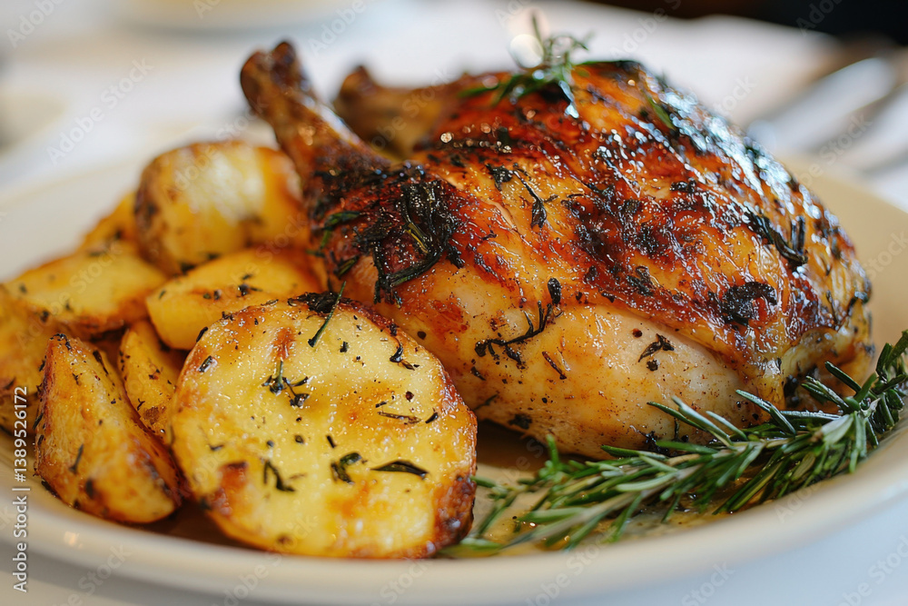 A delicious presentation of a half roast chicken served with chips, highlighting culinary appeal