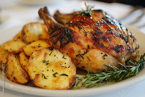 Obraz na płótnie A delicious presentation of a half roast chicken served with chips, highlighting culinary appeal w salonie