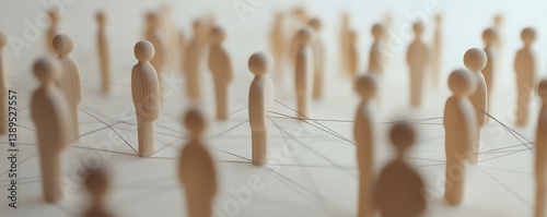 Human resource management network, wooden figures connected by lines, white surface, professional HR strategy concept, detailed corporate look, generative AI