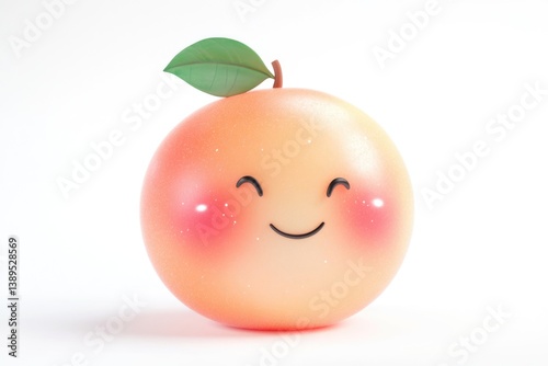A cute 3D-rendered peach with a happy face, blushing cheeks, and a single leaf.