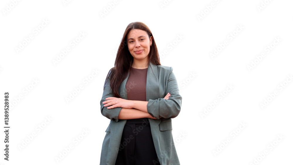 Confident businesswoman standing with crossed arms, radiating professional demeanor against clean white background Confident businesswoman standing with crossed arms, radiating professional demeanor against clean white background