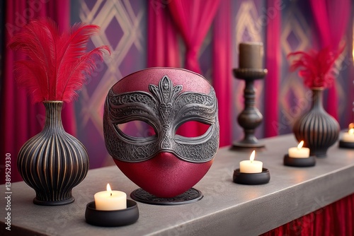 A gothic masked ball with candlelight, black drapes and moody shadows during a midnight festival