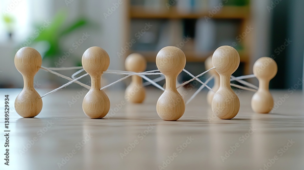 Obraz premium Wooden figurines connected in a network, symbolizing human resource management and strategy, minimalistic white background, clean corporate look, highresolution, generative AI