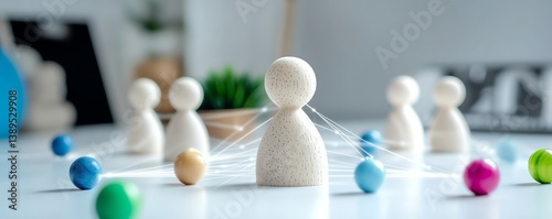 Wooden people figures forming a network on a white surface, human resource management strategy, minimalistic corporate theme, clear connections, highquality render, generative AI
