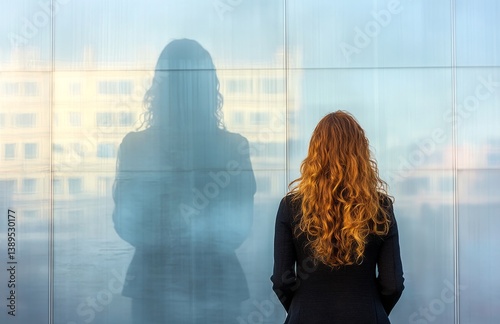 Near a wall, a young woman with curly red hair in a dark dress casts an impostor-like shadow, symbolizing psychological insecurity, doubt, and a lack of self-confidence