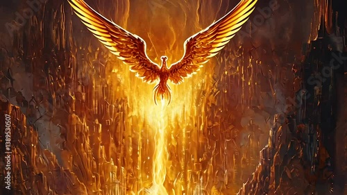 Fiery phoenix rising from volcanic chasm