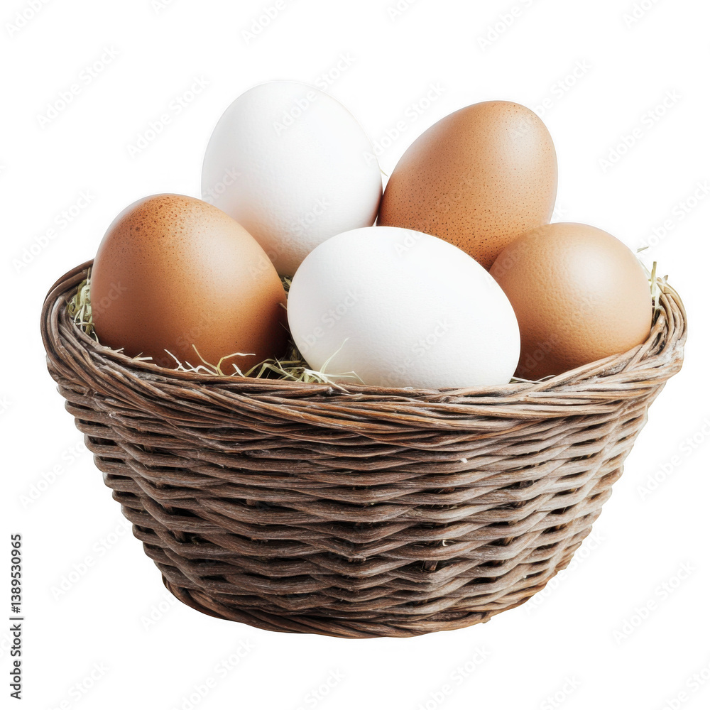 custom made wallpaper toronto digitalCollection of assorted eggs in a woven basket with natural straw on a transparent background for culinary or decorative purposes