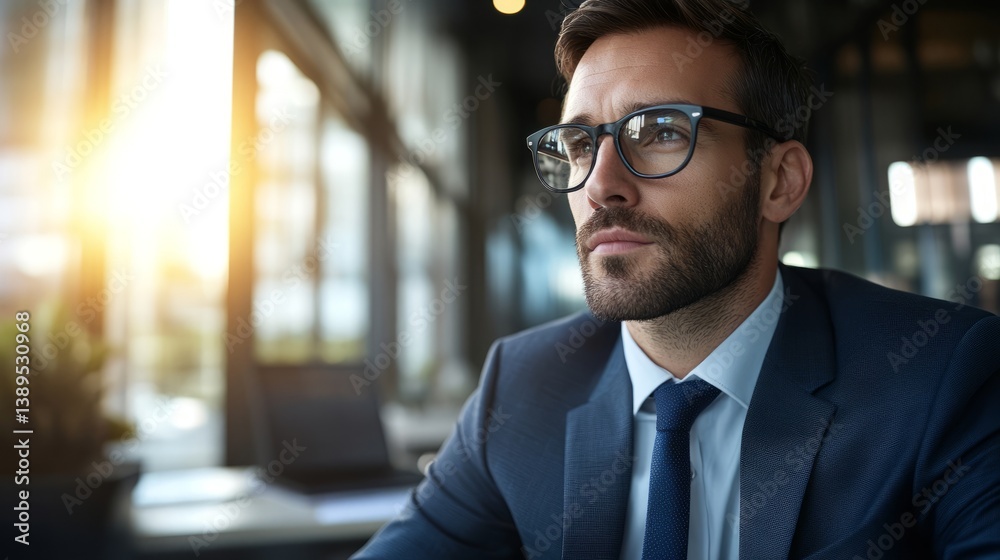 Fototapeta premium Young businessman in formal attire, focused at modern desk, embodying professionalism and determination. 
