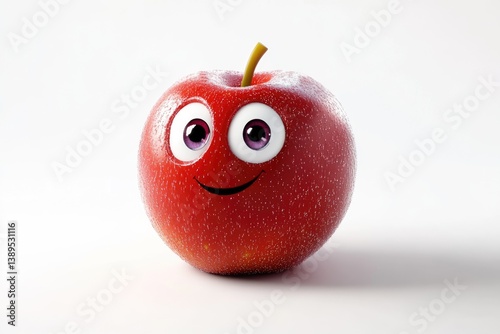 A cheerful, cartoon apple with big eyes and a happy smile, glistening with dew drops.