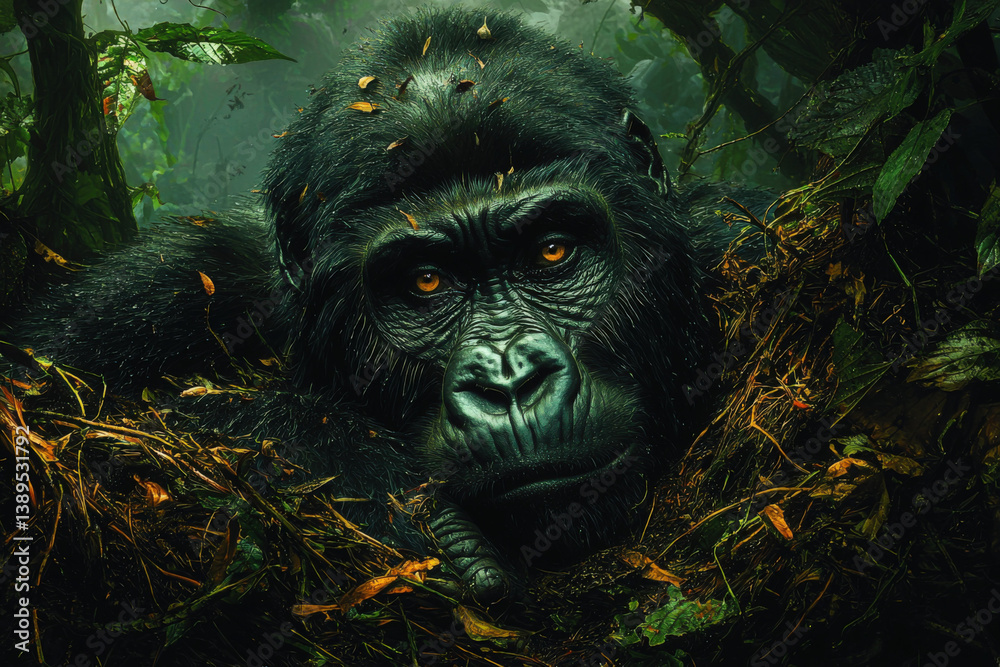 Obraz premium An illustration of a gorilla nest in its natural habitat, showcasing wildlife conservation