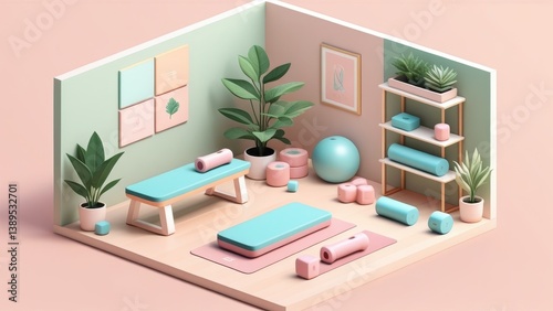 Pastel-toned isometric digital scene of wellness corner with fitness props
