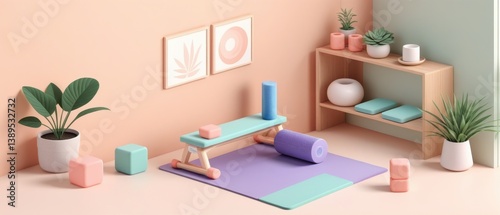 Wellness-themed isometric room with pastel colors and home fitness gear