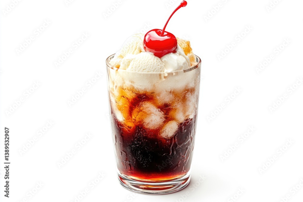 A refreshing black cherry soda float with vanilla ice cream, topped with a bright red cherry. A refreshing black cherry soda float with vanilla ice cream, topped with a bright red cherry.