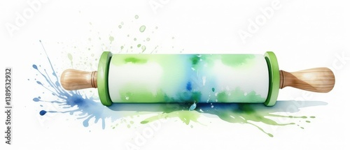 Watercolor painting of massage roller with soft blue and green splashes