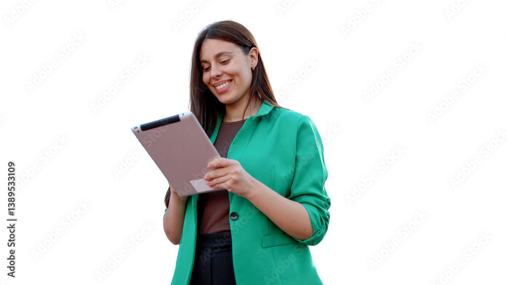 Businesswoman smiling while using digital tablet, isolated on transparent background Businesswoman smiling while using digital tablet, isolated on transparent background