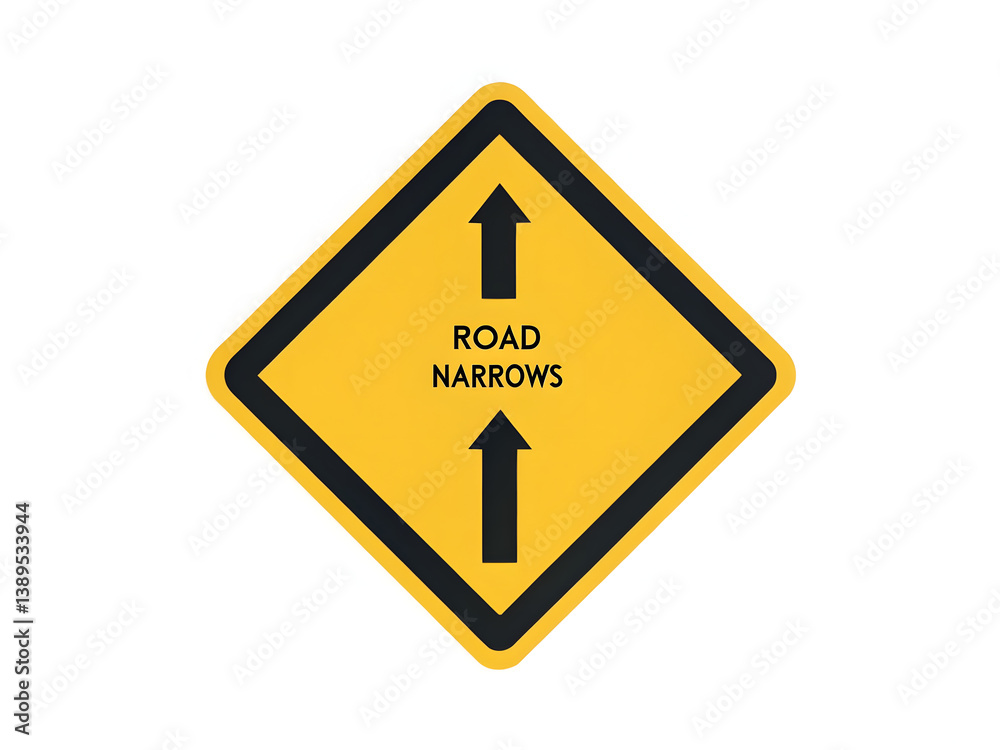 Road narrows warning sign with black symbols yellow background for traffic safety.sign road sign hazard warning driving safety Road narrows warning sign with black symbols yellow background for traffic safety.sign road sign hazard warning driving safety