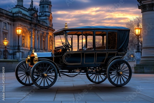 A horse-drawn carriage rolling through a charming historic city at twilight