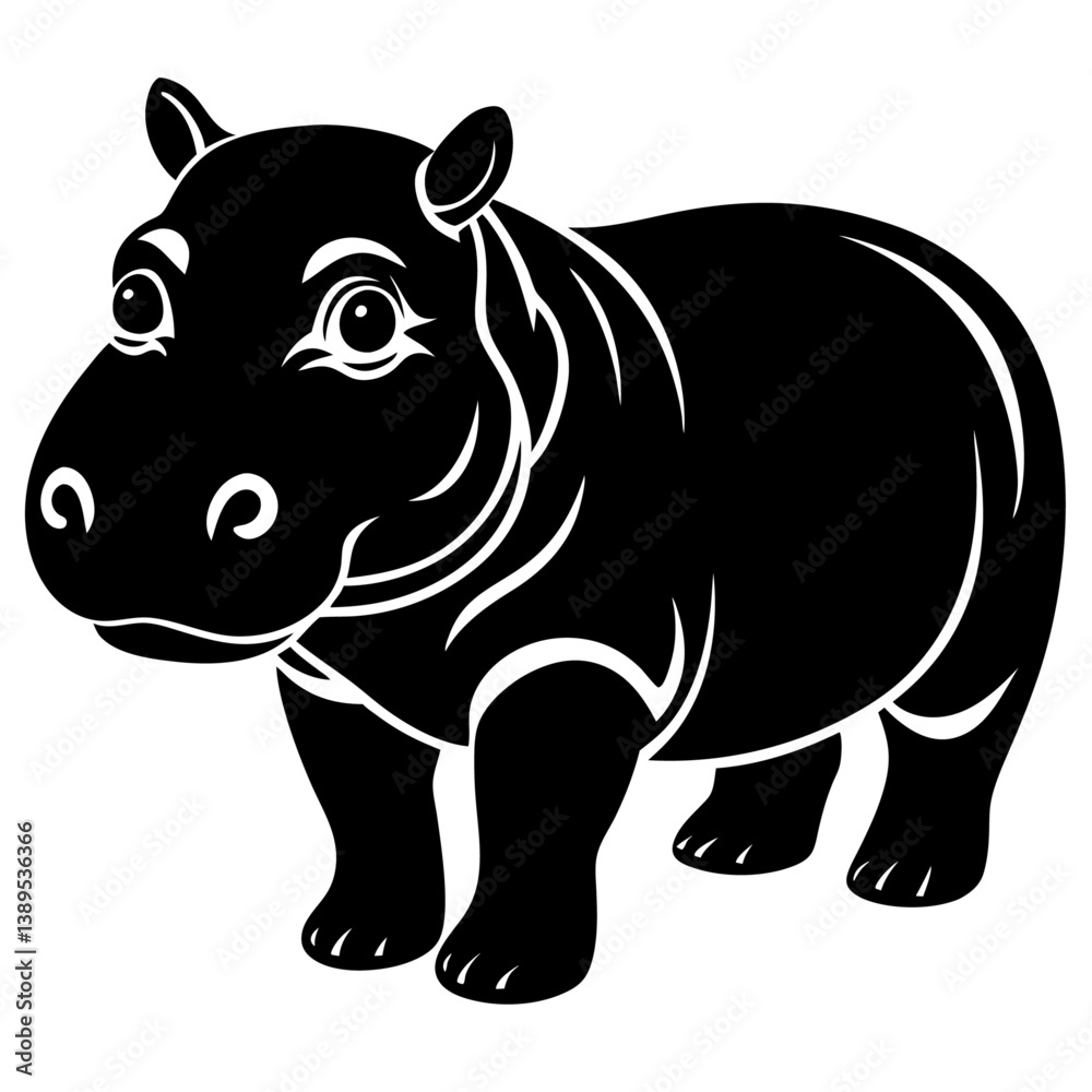 Fototapeta premium hippopotamus calf black color on white vector. 
