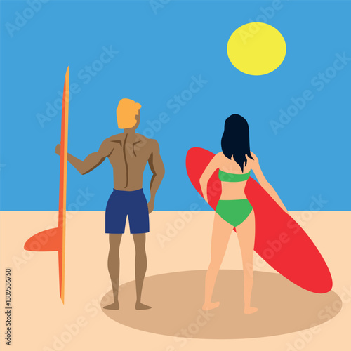 Surfers a guy and a girl are standing on the ocean shore and holding swimming boards in their hands.