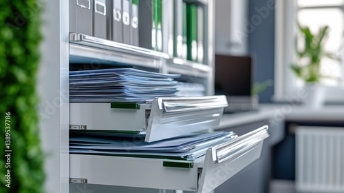 Wallpaper Mural drawer cabinet with multiple open drawers displays an organized interior, accompanied by lush greenery in a sunlit modern room setting. Torontodigital.ca