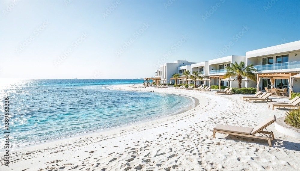 Fototapeta premium Serene beach resort with luxurious loungers by clear blue water 