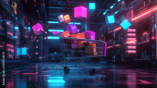 Sci-fi shopping cart filled with futuristic cubes in a neon cyber world environment