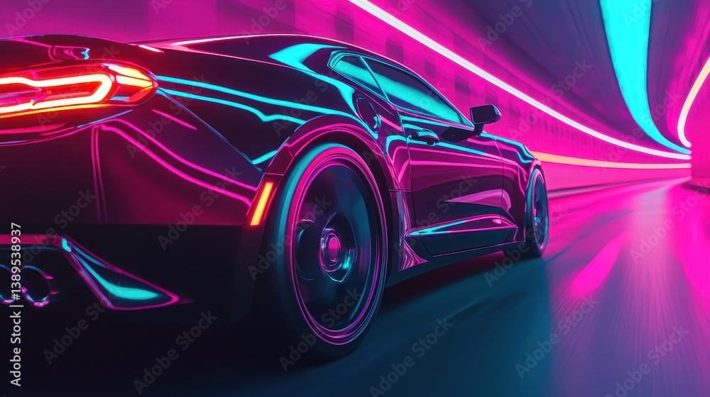 Sleek Car in Neon Tunnel with Dynamic Light Trails and Reflection Sleek Car in Neon Tunnel with Dynamic Light Trails and Reflection
