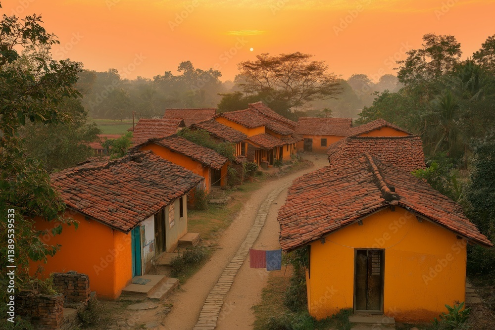 Obraz premium Indian Village at Sunrise with Orange Homes and Red Tiled Roofs in Peaceful Landscape