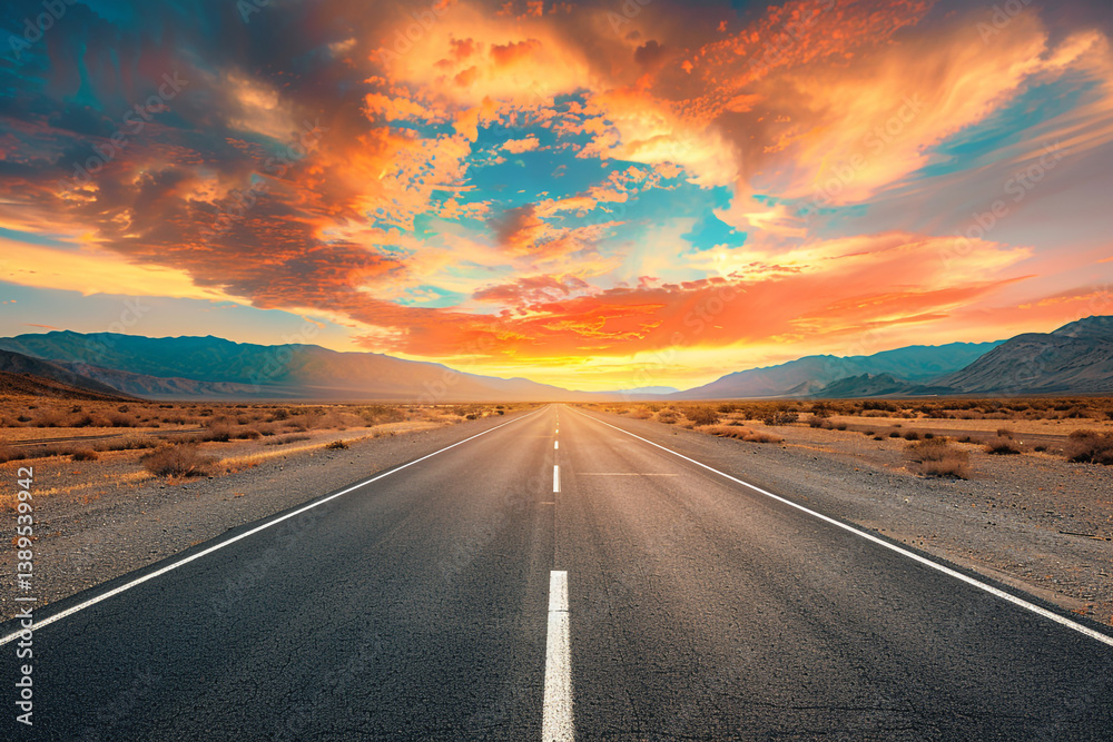 Naklejka premium Endless Journey: Straight Asphalt Road Stretching Toward Distant Mountains