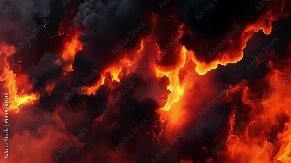 Intense Flames Erupting Against Dark Clouds in a Vibrant Background of Fiery Orange and Red Colors, Symbolizing Heat and Destruction Intense Flames Erupting Against Dark Clouds in a Vibrant Background of Fiery Orange and Red Colors, Symbolizing Heat and Destruction