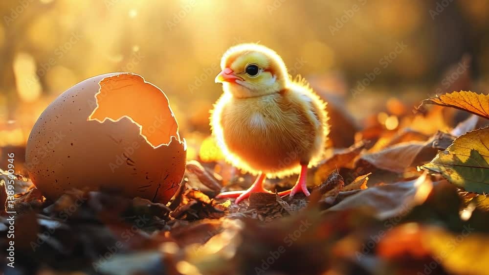 Newborn chick emerging from eggshell in a warm autumn setting with soft golden light illuminating the scene and creating a sense of new beginnings in nature