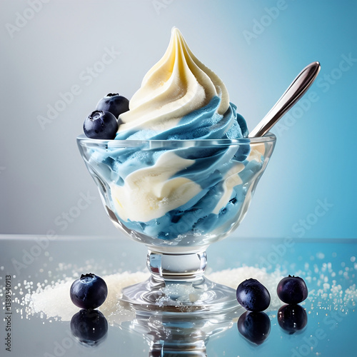 Blue and white twisted soft dessert decorated with fresh blueberries in a glass bowl. generative AI