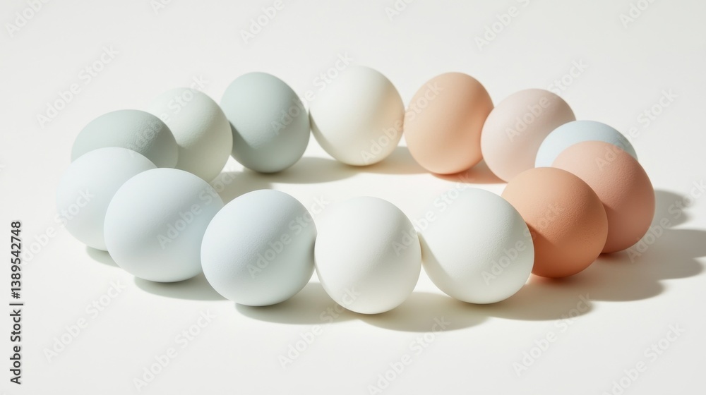 Group of pastel eggs arranged in a circle on a white background with subtle shadows Group of pastel eggs arranged in a circle on a white background with subtle shadows