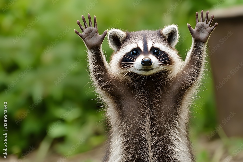 Fototapeta premium Raccoon standing on hind legs with paws up outdoors in a natural setting.