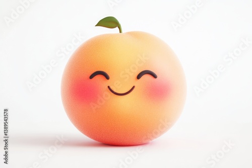 A cute, smiling peach with rosy cheeks and a leaf, rendered in 3D.