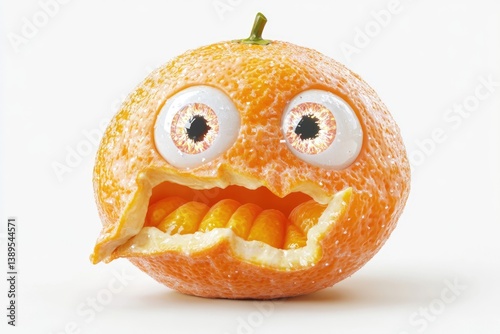 A funny, cartoonish orange with big eyes and a bite taken out of it.