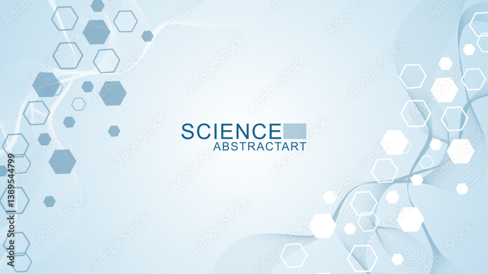 Modern scientific background with hexagons, lines and dots. Wave flow abstract background. Molecular structure for medical, technology, chemistry, science. Vector illustration Modern scientific background with hexagons, lines and dots. Wave flow abstract background. Molecular structure for medical, technology, chemistry, science. Vector illustration