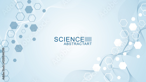 Modern scientific background with hexagons, lines and dots. Wave flow abstract background. Molecular structure for medical, technology, chemistry, science. Vector illustration