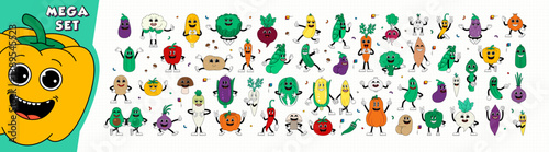 Big set of retro cartoon stickers with funny comic vegetable characters, gloved hands. Playful, colorful, and hand-drawn comic book characters in contemporary illustration style.