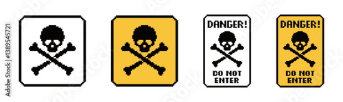 Pixelated Danger Signs with Skull Icons Vector Set