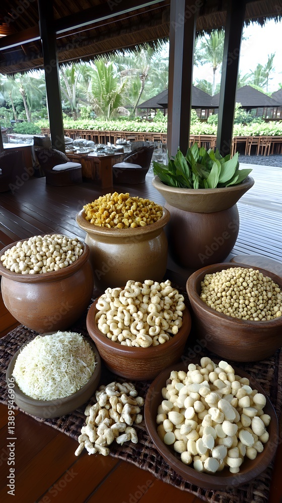 Fototapeta premium Exotic Asian Snacks Variety in Clay Bowls Tropical Setting