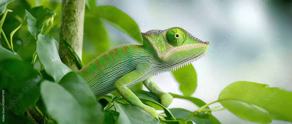 Obraz premium chameleon resting green leaves lush environment, showcasing its vibrant colors and unique