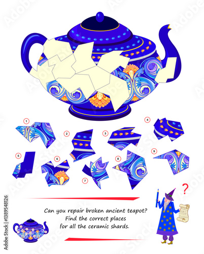 Can you repair broken ancient teapot? Find the correct places for all the ceramic shards. Logic puzzle game for smartest. Page brain teaser book. Developing spatial thinking. Flat vector image.