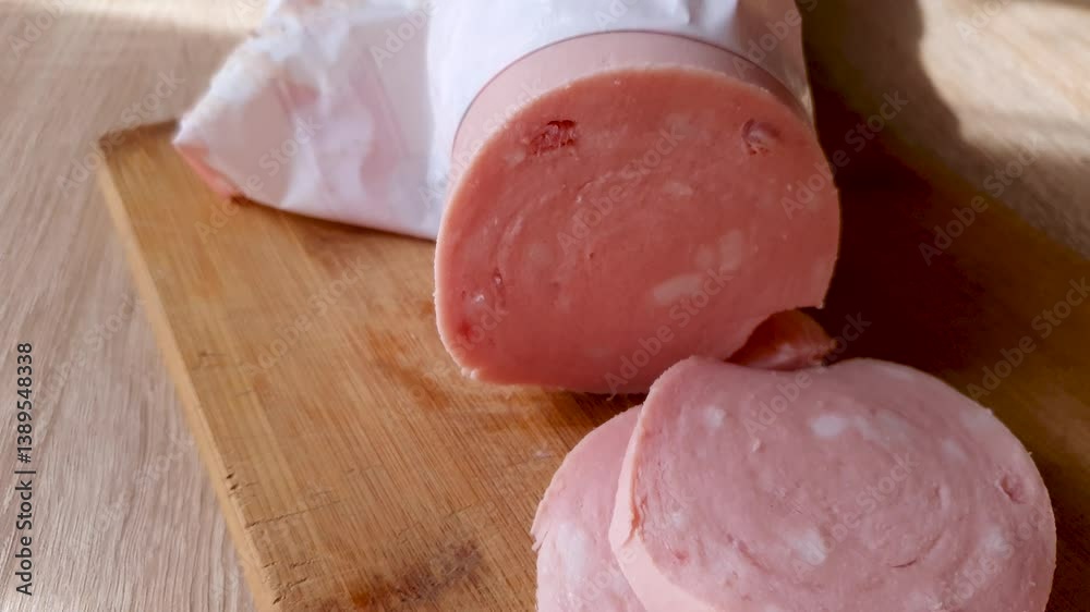 Milk sausage, slicing sausage on a board with a knife. Cutting sausage. Milk sausage, slicing sausage on a board with a knife. Cutting sausage.
